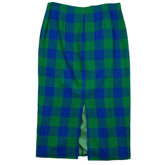 TOV Ruffle Plaid Skirts 40 US/M Blue Green Pencil Straight Midi Heritage Fall - Picture 12 of 14